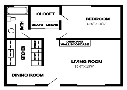 Floor plan for 1 bed, 1 bath, 630 sqft